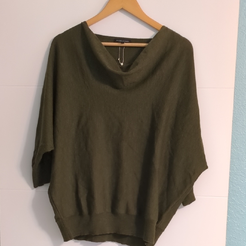 Eileen Fisher Olive Green Dolman Sleeves Drape Neckline Wool Sweater Sz L